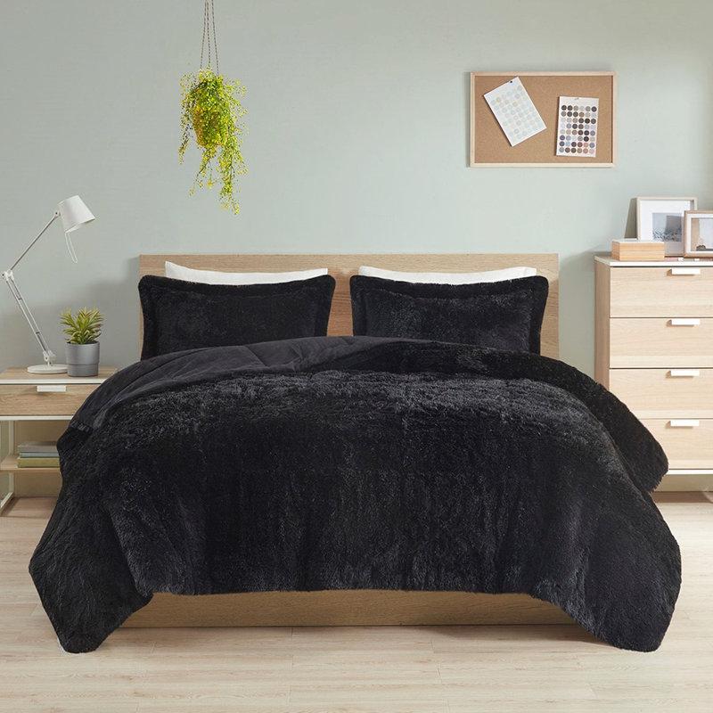 Édredon très grand / très grand pour la chambre à coucher - Fourrure longue à poils longs, mini fourrure noire, chaude et séduisante, avec revers doux inclus