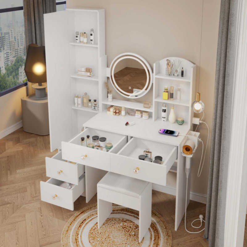 Full Body Mirror Cabinet Vanity Set with LED Vanity Table & Cushioned Stool | 17" Touch Control 3-Color LED Mirror, Built-in 2 AC + 2 USB Ports