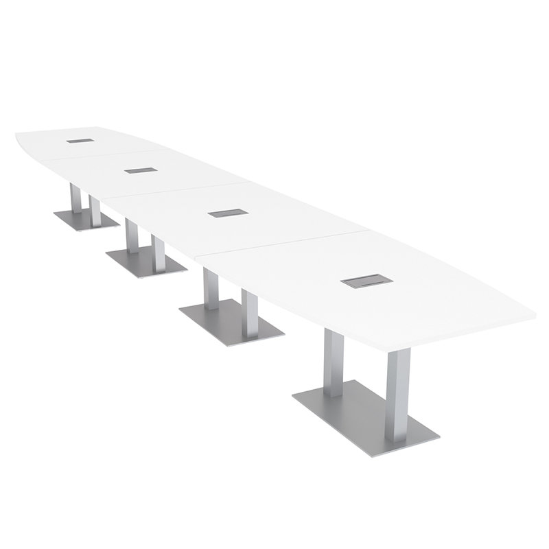 Table de conférence en forme de bateau avec base en métal double | Unité électrique, L 240 po x l 48 po, Blanc classique