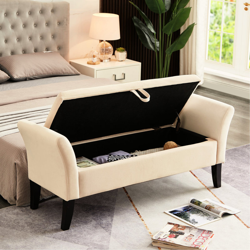51.5" Beige Velvet Hallway Seating Bench With Storage - Practical & Elegant In Curved Arms For Added Elegance, Beige