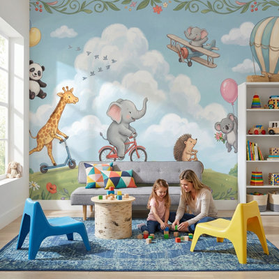 Playful Animals Wallpaper Whimsical Bright Wall Mural
