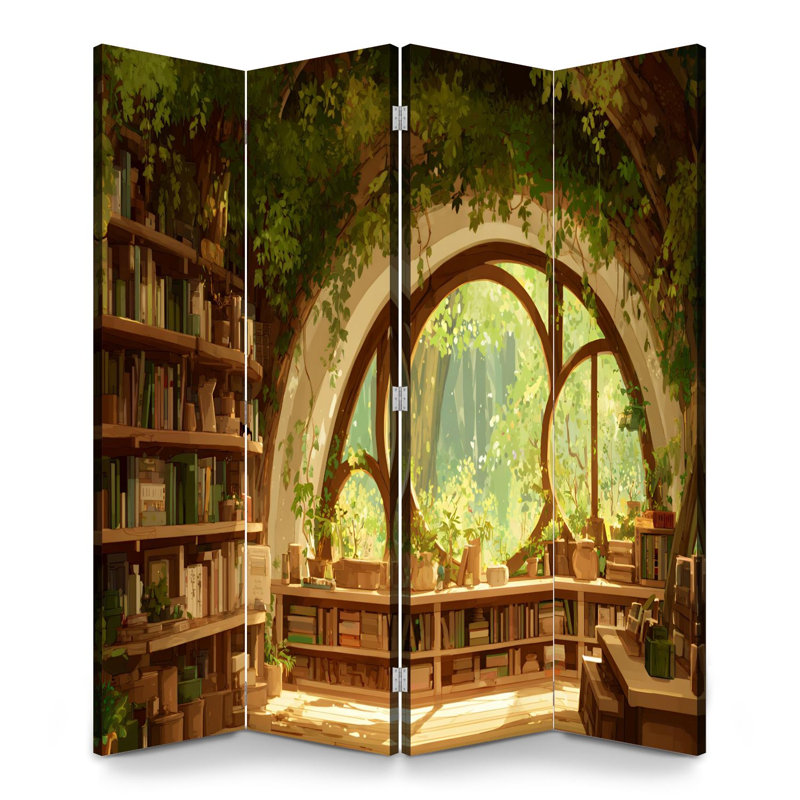 Cloison pliante à 4 panneaux avec paravent Royal Whimsical Treehouse Bibliothèque Sunlit Forest Views, 71" H x 64" W x 1" D