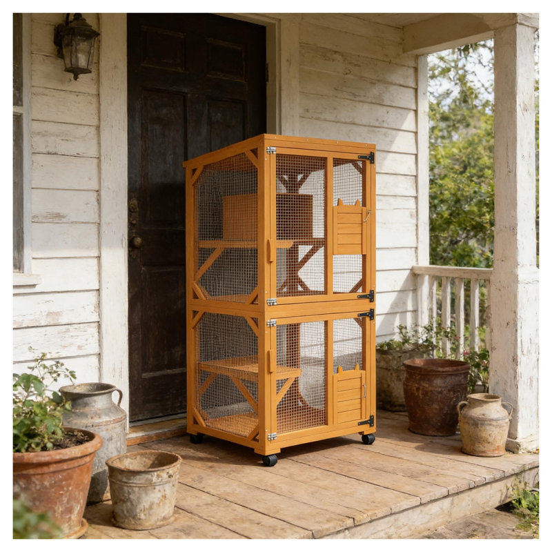 Grande maison pour chat d'extérieur avec plateformes multi-niveaux, abri pour animaux en acier et bois en vert et orange