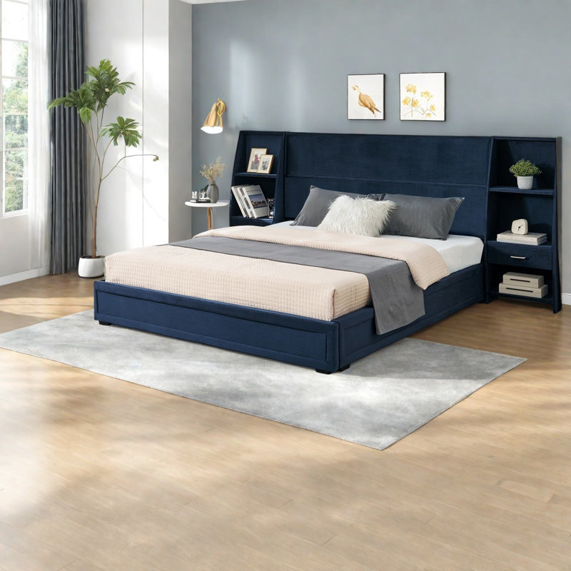 Lits avec rangement, grand lit plateforme en velours aggloméré moderne pour la maison