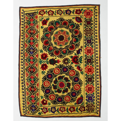 66x91 in Silk Embroidery Wall Hanging. Decorative Throw. Vintage Tablecloth. Yellow Tapestry. Wall Decor. Needlework Bed Cover