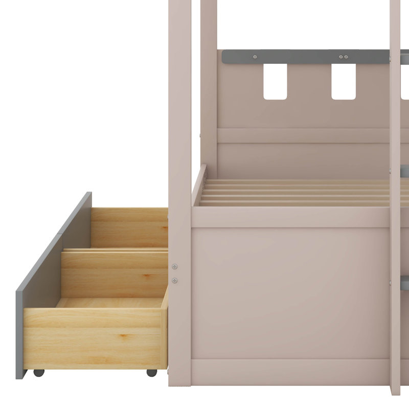 Bunk Bed With Storage Drawers, Playhouse Bed Frame With Shelf And LED Light, Geometric Window Style Railing, Ladder, Gray
