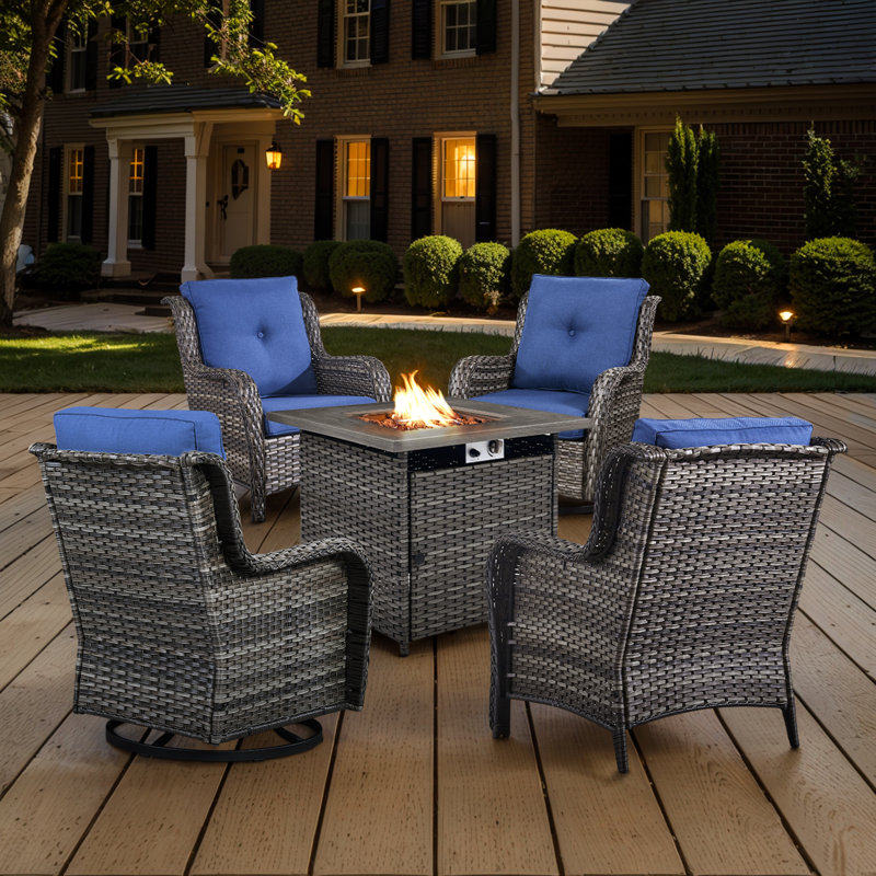 Bonia Outdoor 5-Pieces PE Wicker Patio Conversation Set With Fire pit and 4 Wicker Chairs with Cushions, Gray, Blue
