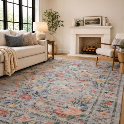 Tapis bleu marine antidérapant Floral Garden