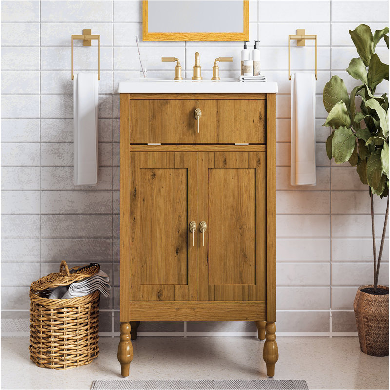 Meuble-lavabo 30 po en noyer avec résine Seashell - rangement rabattable, portes à fermeture en douceur, pieds en bois massif, protection contre le débordement