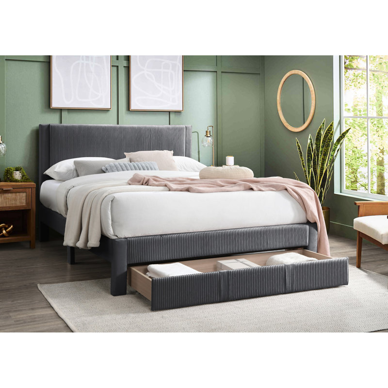 Lit plateforme double moderne avec tête de lit en velours côtelé gris anthracite et tiroir sous le lit, idéal pour la décoration de chambre à coucher