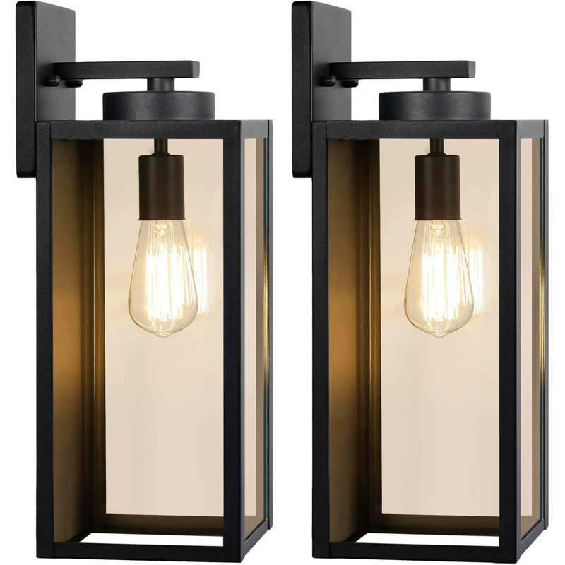 Outdoor Wall Light Fixtures, Exterior Waterproof Lanterns, Porch Sconces Wall Mounted Lighting with E26 Sockets & Glass Shades, Modern Matte Black Wall Lamps for Patio Front Door Entryway, 2-Pack