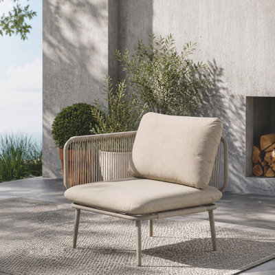 Fauteuil club extérieur moderne, canapé une place pour terrasse avec coussins épais et accoudoirs en corde tressée à la main, structure en aluminium antirouille, idéal pour le jardin, le balcon ou le salon, capacité de charge : 159 kg