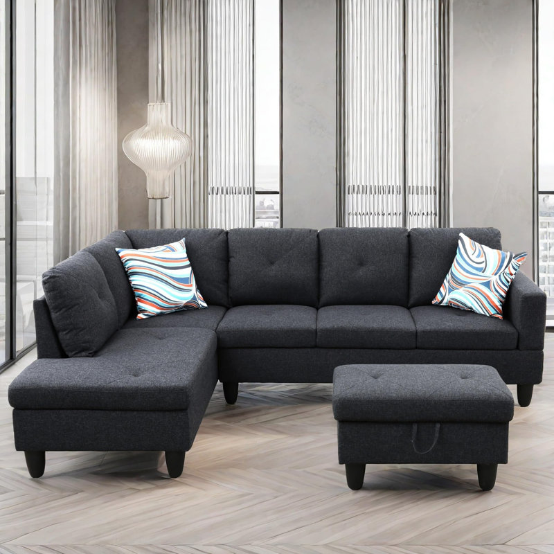 3-Piece Linen Modular Sectional Sofa, Gray/Black Linen, Left Hand Facing