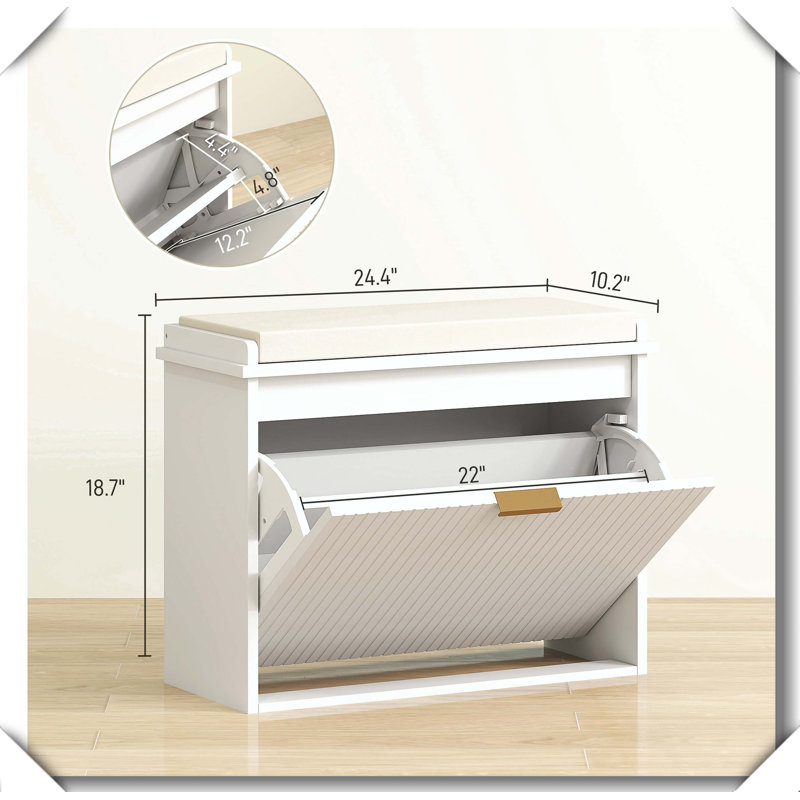 Banc de rangement pour chaussures d'entrée élégant et compact, 1 Flip Drawers, Beige, blanc