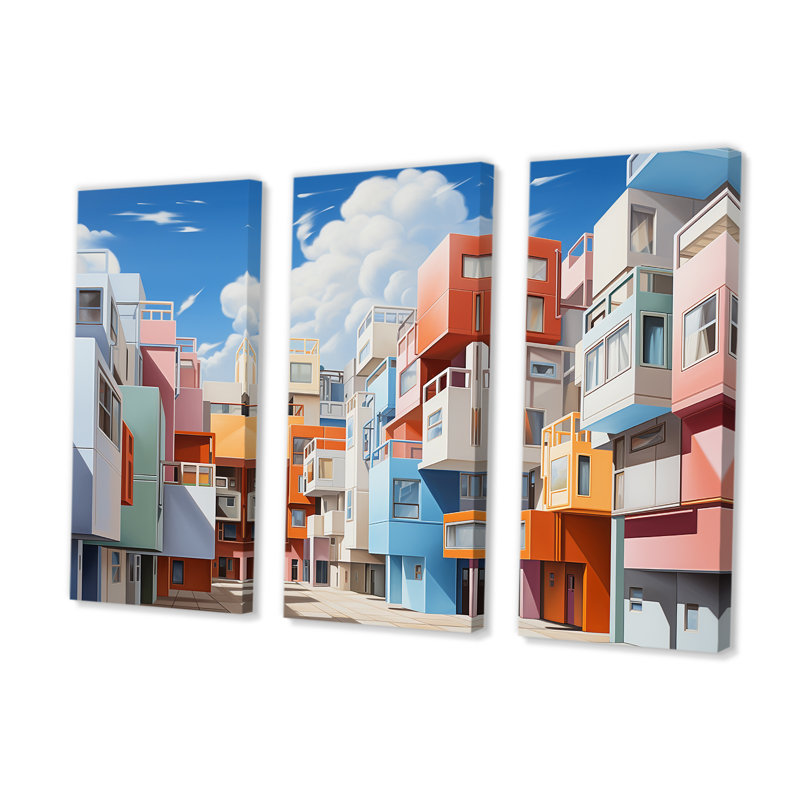 De Stijl Style Factories Landscape II - ensemble d'art mural usines, 40" H x 60" W x 1" D