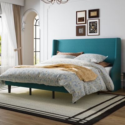 King Platform Bed Frame with Deluxe Wingback Frame / Upholstered with Headboard / Wood Slat Support / Box Spring / Peacock Green