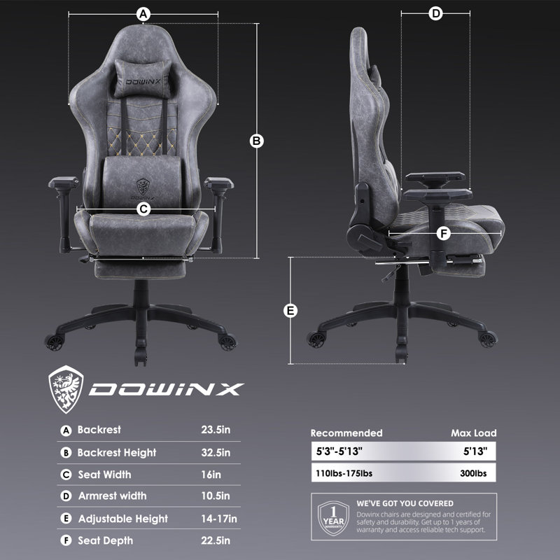 Gray PU Leather Ergonomic Gaming Chair with 4D Armrests and Footrest