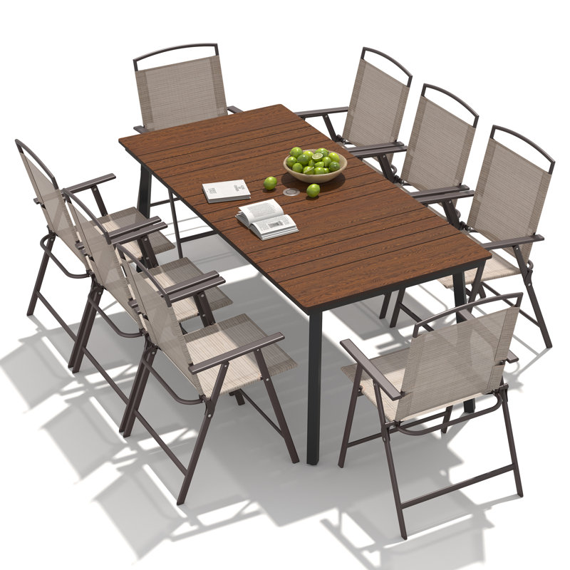  8 - Person Metal Patio Diining Set With Foldable Chairs And Umbrella Hole, Walnut, Beige