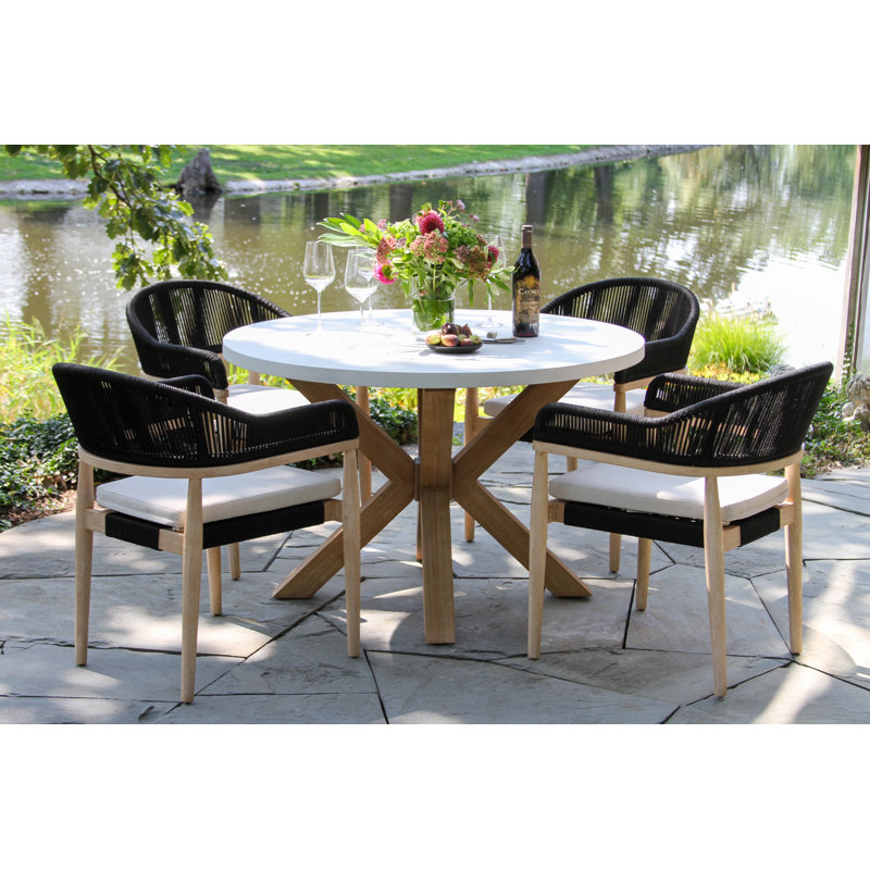 Posey 5 Pc. Round Ivory Composite Dining Set With Rope Stacking Chairs, Black