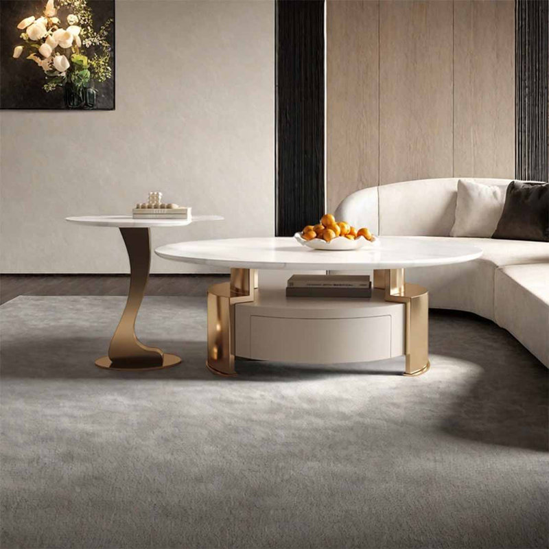 Table basse Creative en pierre supercristalline, H 16,5 po x L 39,4 po x l 39,4 po, Doré, Blanc