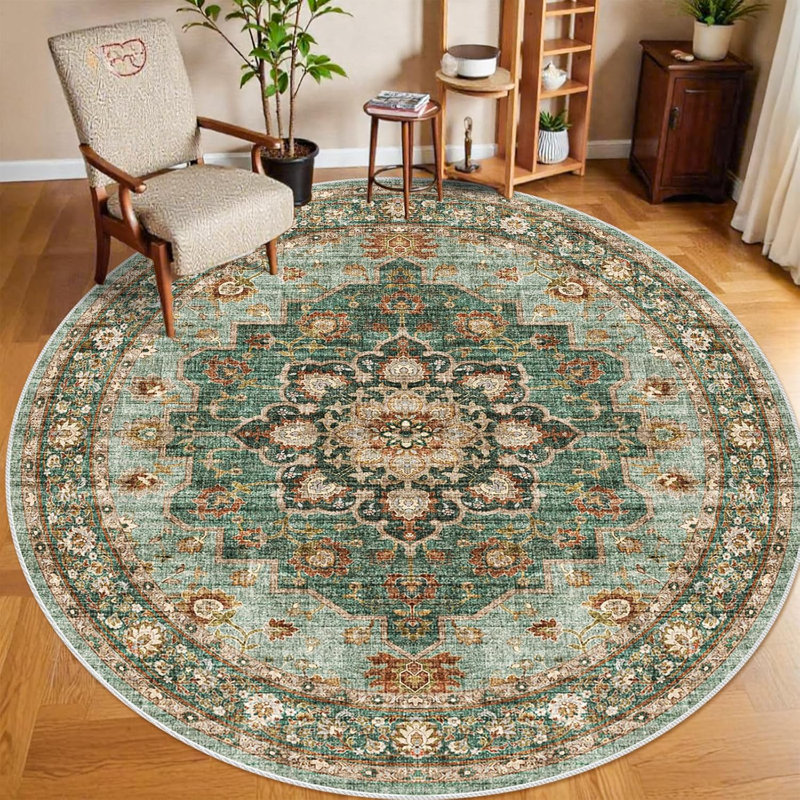 Washable Oriental Area Rug - Rugs for Living Room Soft Carpet for Bedroom Waterproof Floral Distressed Indoor Stain Resistant Non-Shedding Floor Carpets (Green)