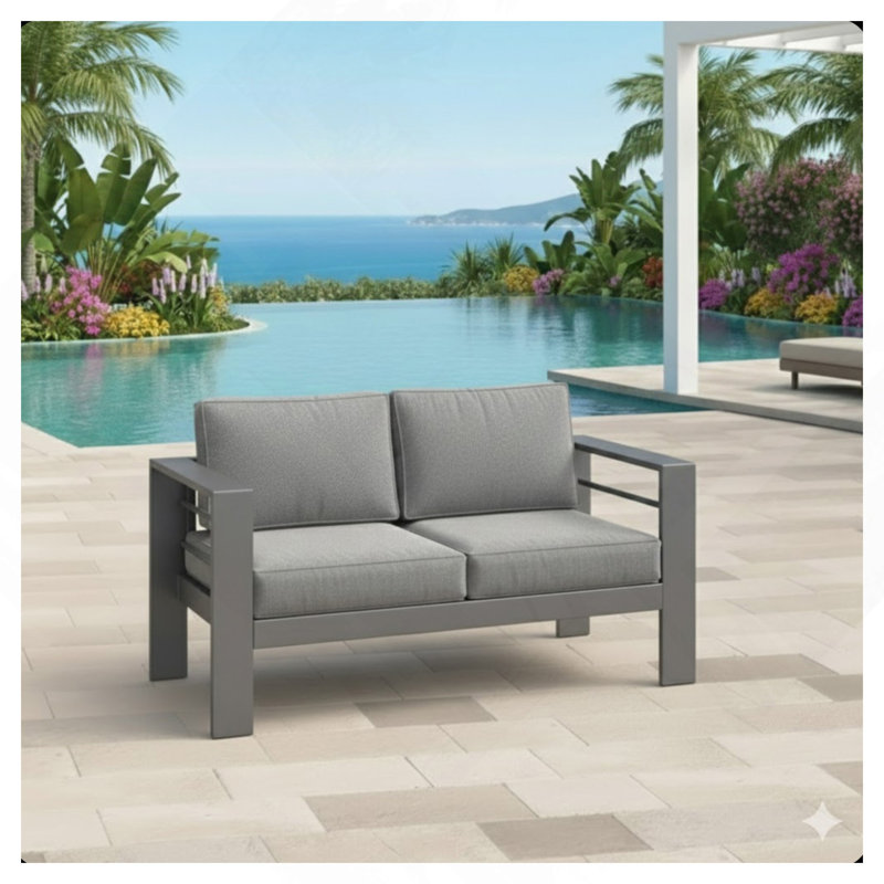 Causeuse de terrasse 52 po toutes saisons en métal avec coussins gris épais et structure grise, Coussin gris / cadre gris