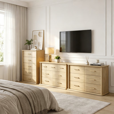 Commode haute à 5 tiroirs de 114 cm (45 po), avec panneaux latéraux incurvés, poignées en métal et système anti-basculement, meuble de rangement en bois pour chambre, salon et dressing.