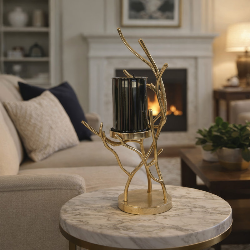 Minie Candle Holder, Twisted Branch Base, Gold Finish, Black Glass 18 Inch