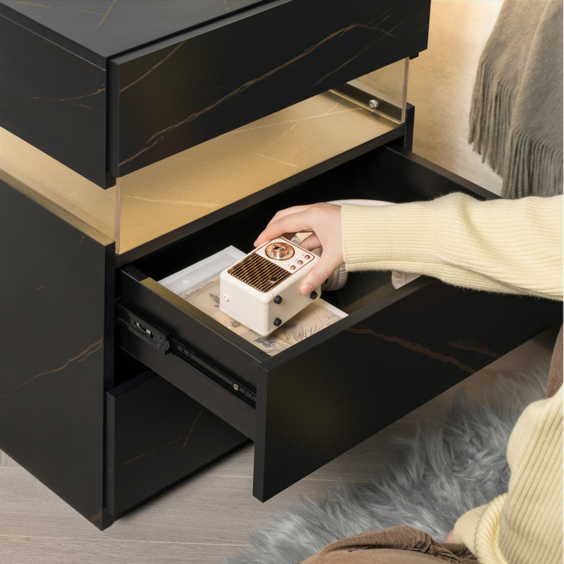 Modern LED Nightstand With 3 Drawers - Bedside Table With Soft Glow Lighting, Black/Gold