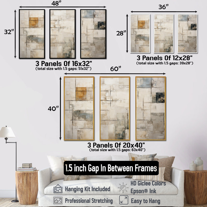 Ensemble de décorations murales scandinaves beige et doré, H 28 po x l 36 po x P 1 po, Cadre flottant doré