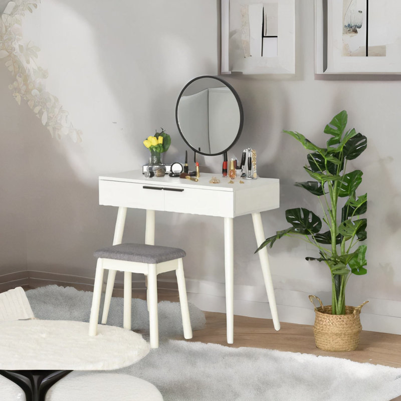 Alejah White Solid Dressing Table with Stool and Mirror Makeup Desk Bedroom Furniture