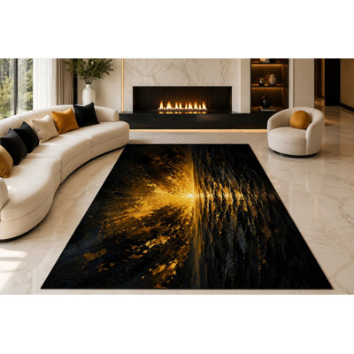 Tapis Radiant Path « Ultra Léger » de 201 cm x 300 cm, idéal pour le salon, la chambre à coucher et le bureau. Moquette douce à poils courts avec envers antidérapant en silicone, couleur noir et doré.