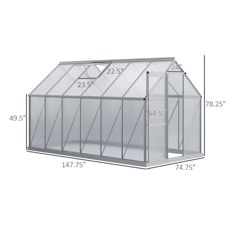 Outsunny 12' x 6' x 6.5' Polycarbonate Greenhouse with Adjustable Roof Vent, Walk-in Heavy Duty Greenhouse with Aluminum Frame, Rain Gutter and Sliding Door for Winter, Silver