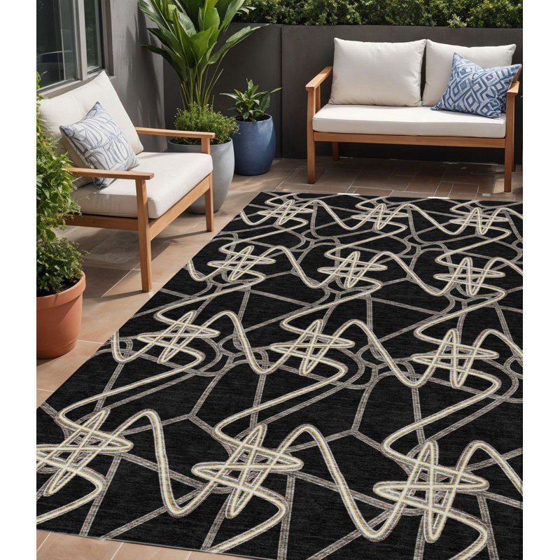 Tapis extérieur lavable à motif géométrique noir ivoire et brun 5 pi x 8 pi