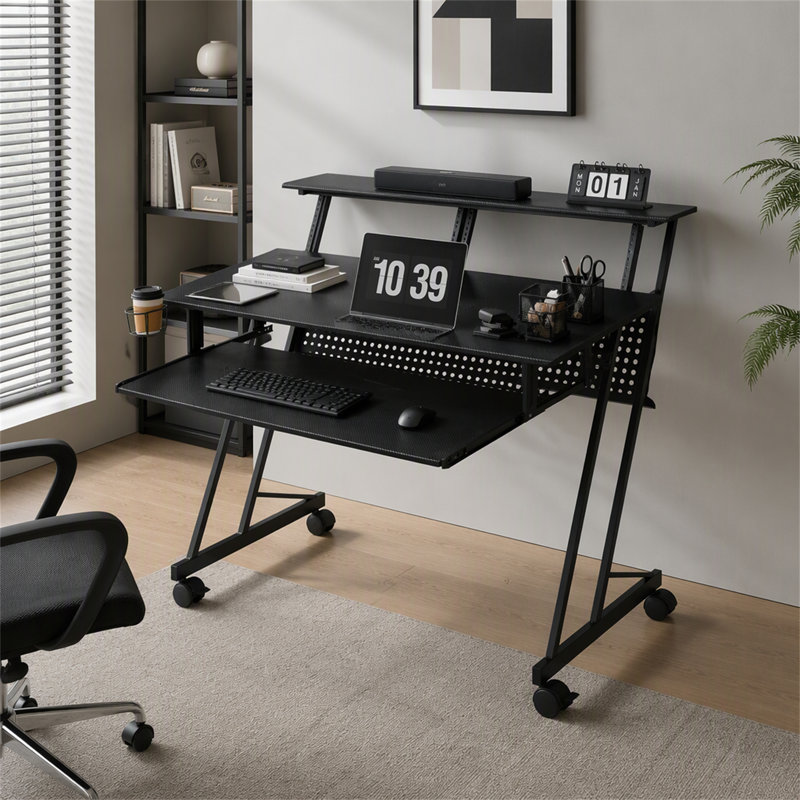 Bureau professionnel pour studio d'enregistrement de musique avec plateau à clavier et tablette de rangement pour les musiciens (seulement le bureau inclus)