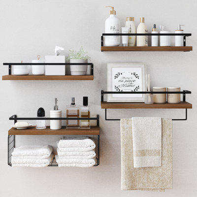 Étagères flottantes en bois fixées au mur - Étagères murales rustiques de salle de bain 4 + 1 niveaux au-dessus de la toilette avec panier de rangement en fil métallique et barre à serviettes, ensemble de 4 tablettes flottantes de style maison de campagne pour la salle de bain, la cuisine, la chambre à coucher.