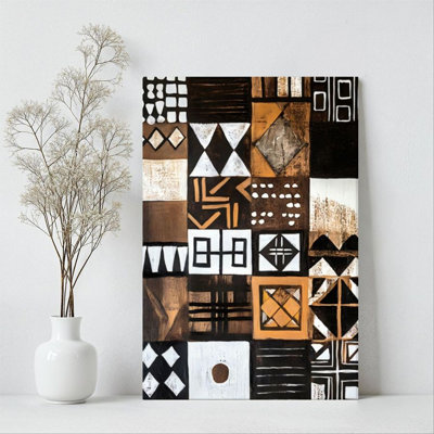 1Pc Framed Canvas Poster Print Geometric Collage, Abstract Patterns, Primitive Art Style Wall Art Wall Pediments, Wall Decor, Perfect for Room Decor