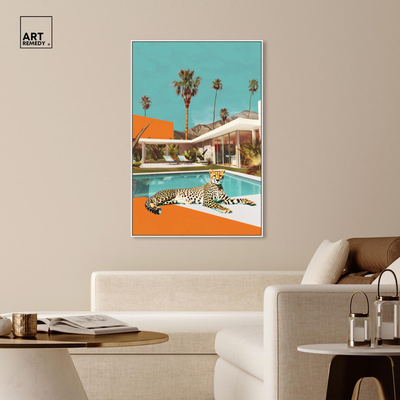 Art, art moderne, toile de tigre, guépard, H 55 po x l 37 po, Cadre flottant blanc