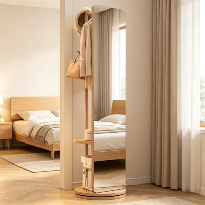 Miroir pleine grandeur avec portemanteau - Miroir de plancher en bois massif, miroir rotatif adapté aux chambres à coucher, aux salons et aux vestiaires