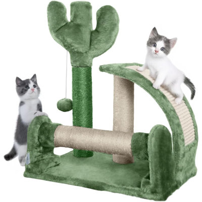 Cactus Cat Tree Tower for Indoor Cats, Green Cute 20-Inch Small Cat Tree with Thickened Base, Cactus Cat Activity Tree with Scratching Board and Interactive Toy