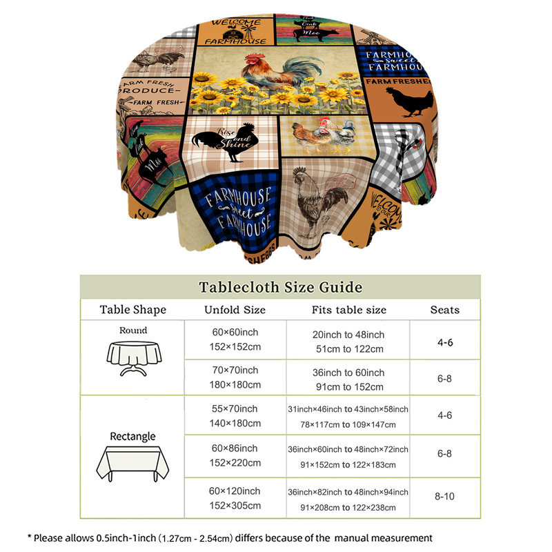 Rustic-style design with rooster pattern, machine-washable polyester tablecloth, 70.8" L x 55.12" W