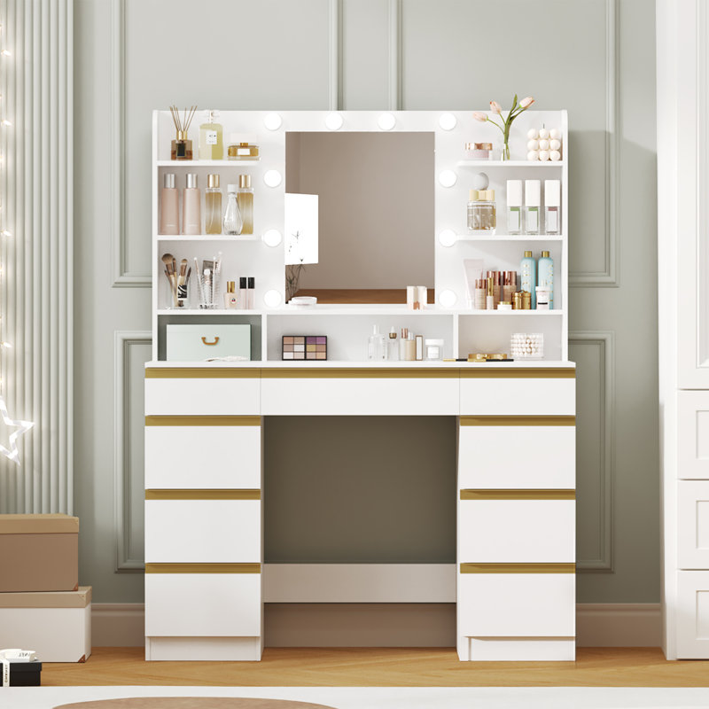 Dressing Table with Bulb/LED Light, Vanity Desk with 1 Large Drawer and 8 Small Drawer Cabinets, Adjustable Brightness, Large HD Mirror, 9 Open Storage Areas