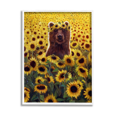 Happy Bear Sunflower Field by Lucia Heffernan - Painting on Wood