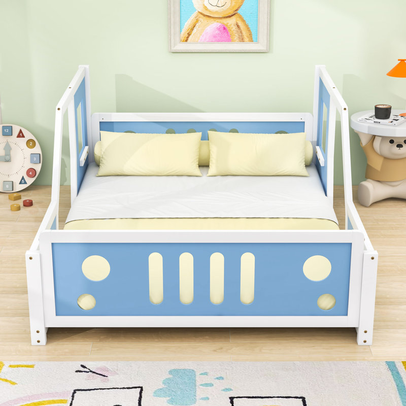Car-Shaped Platform Bed With Decorative Wheels, Blue, Full
