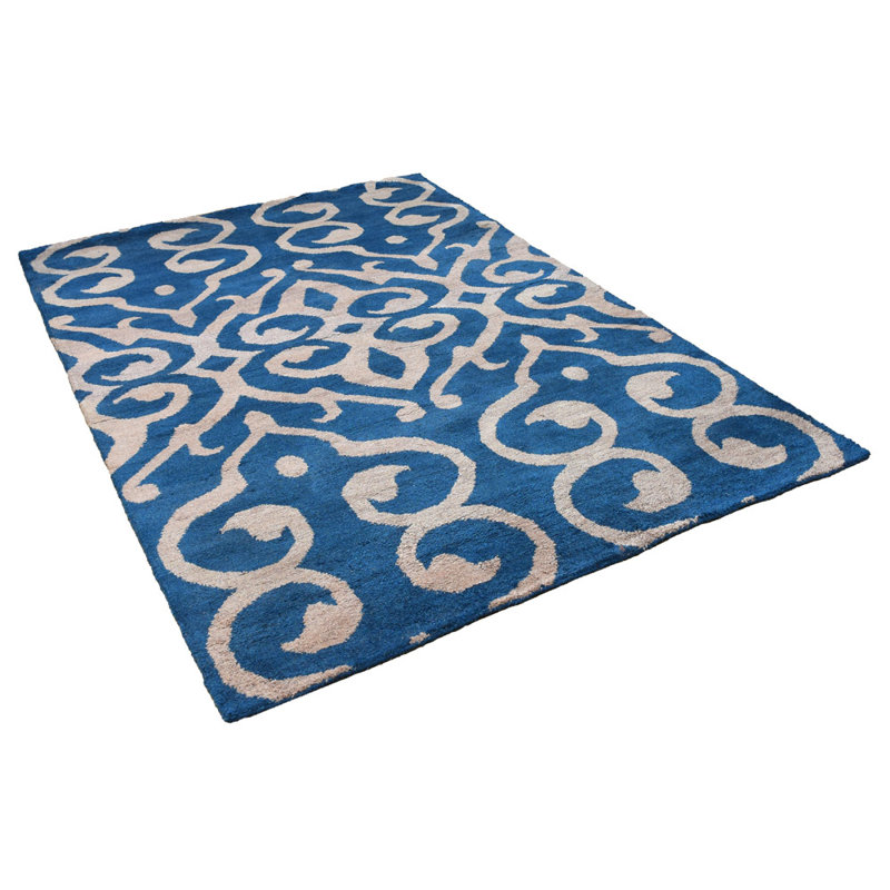 Premium Quality Contemporary Blue | Beige Hand Knotted Silk Rectangle Indoor Area Rug