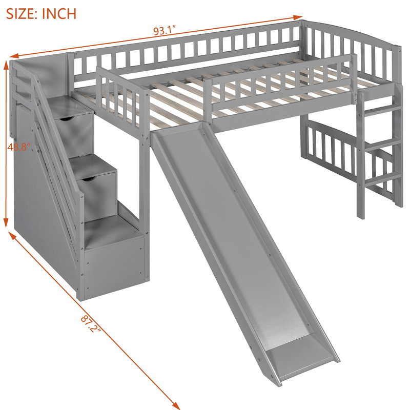 Lit mezzanine avec deux tiroirs et glissade, Gris
