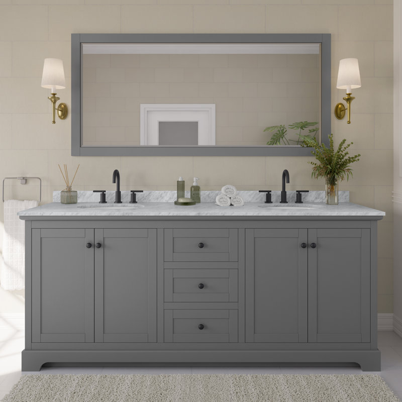 Avery 80'' Double Bathroom Vanity with Stone Top, Dark Gray, Matte Black