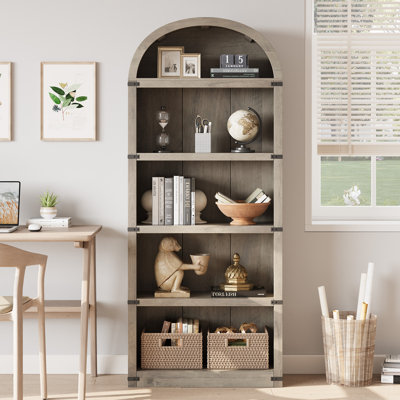 71.65" Tall Arched 5-Shelf Farmhouse Bookcase – Wooden Storage Rack for Home Office, Living Room (Gray)