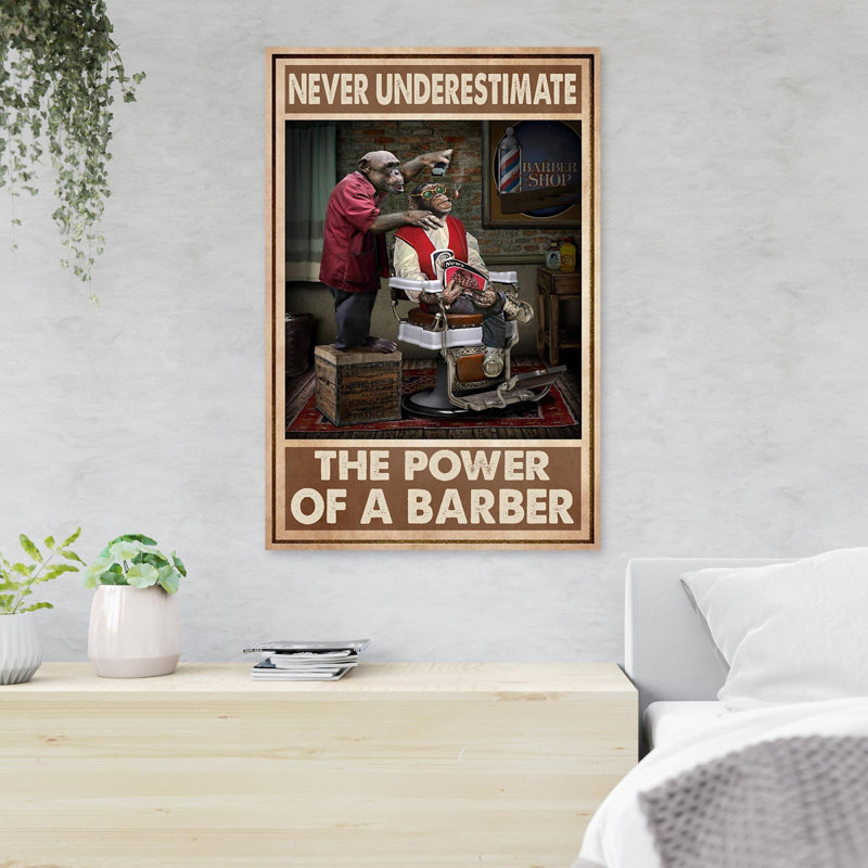 «Monkey Barber With His client - Once Once A Time», reproduction d'art graphique sur toile tendue, H 20 po x l 16 po x P 2 po