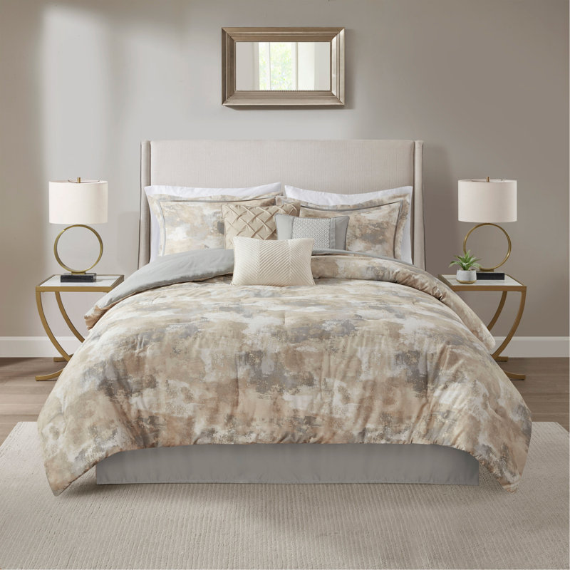 Ensemble d'édredon 7 pièces en mélange de coton texturé gris grand, Grand édredon et 6 pièces supplémentaires